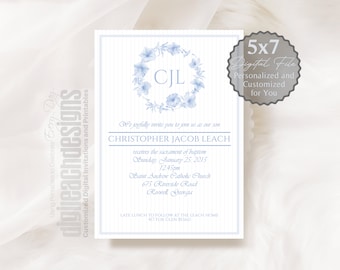 Baptism Invitation Boy Catholic Sacrament Petunia Wreath Initials White Monochromatic Blue