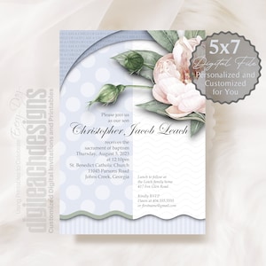 Invitación Bautismo Niño Niña Católico Sacramento Rosa Peonía Niño de Dios Puntos Azules Ola Blanca