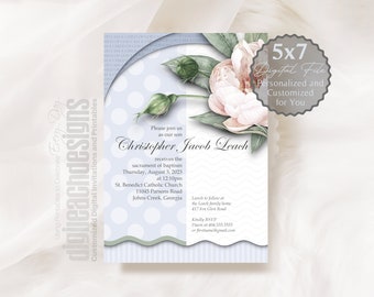 Baptism Invitation Boy Girl Catholic Sacrament Pink Peony Child of God Blue Dots White Wave