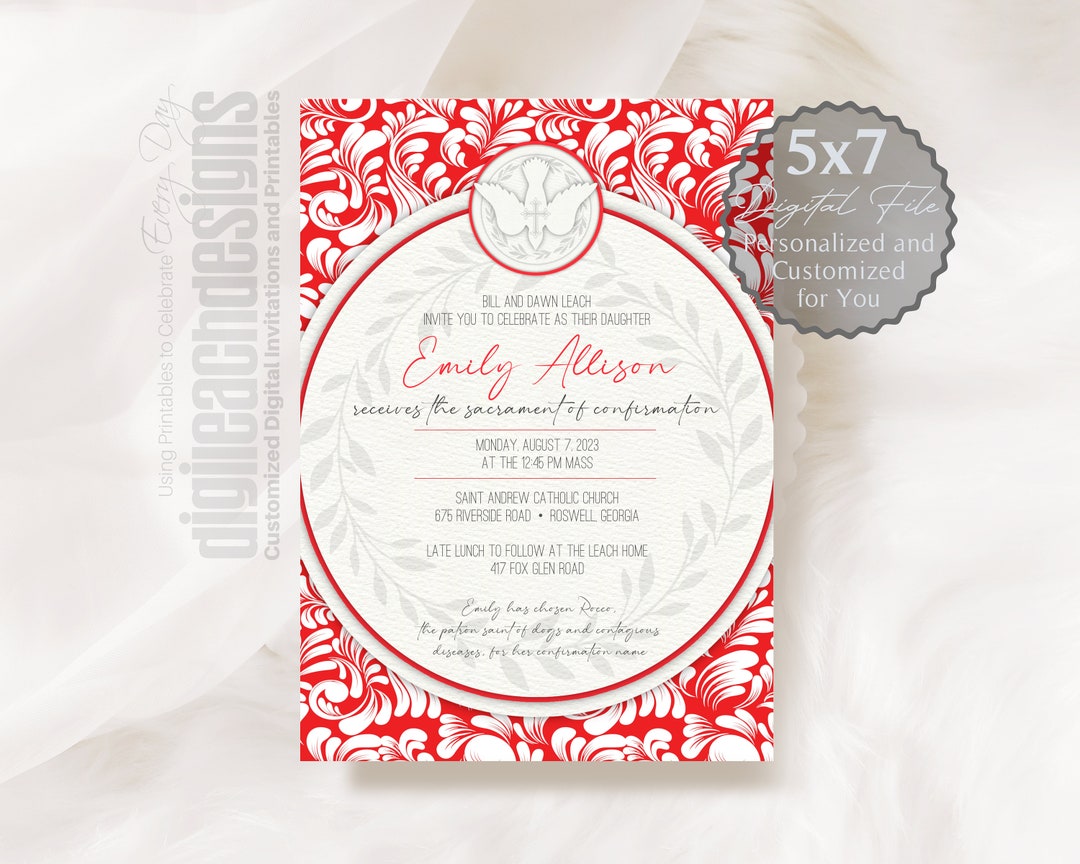 Confirmation Invitation Boy Girl Catholic Sacrament Red White Flourish ...