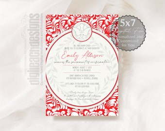 Confirmation Invitation Boy Girl Catholic Sacrament Red White Flourish Background