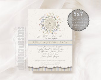 Baptism Invitation Boy Girl Catholic Sacrament Wildflower Wreath Beige Speckled Blue Yellow Initial Script