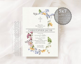 Baptism Invitation Boy Girl Catholic Sacrament Wildflower Oval Wreath White Simple