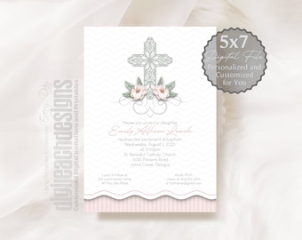 Baptism Invitation Girl Catholic Sacrament Filigree Cross White Wave Peony Flourish Pink