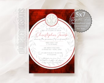 Confirmation Invitation Boy Girl Catholic Sacrament Red Smoke Spirit Background