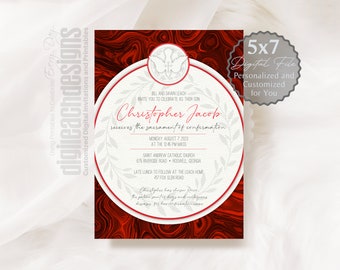 Confirmation Invitation Boy Girl Catholic Sacrament Red Swirl Background