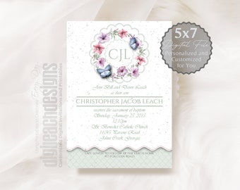 Baptism Invitation Boy Girl Catholic Sacrament Petunia Wreath Initials Bright White Speckled Green