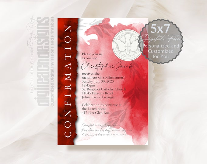 Confirmation Invitation Boy Girl Catholic Sacrament Torn Red Watercolor ...