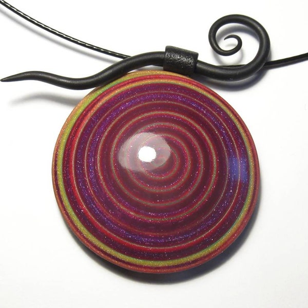 Pendentif "Beaujolais", pâte polymère, premo, fimo, unique, mica shift, spirale, ooak, fait main, fait main, paillettes, effet 3D, bordeaux