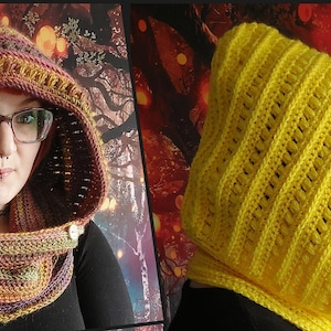 Könnte beinhalten: Zwei gehäkelte Kapuzen werden gezeigt. Eine ist mehrfarbig mit einem Rollkragen und Knöpfen. Die andere ist eine einfarbige gelbe Kapuze mit einem strukturierten Muster. Beide sind als Kapuze und Schal konzipiert.