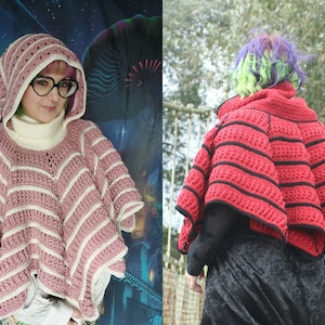 Puede incluir: Dos ponchos con capucha de ganchillo, uno en rayas rosas y blancas y otro en rayas rojas y negras.