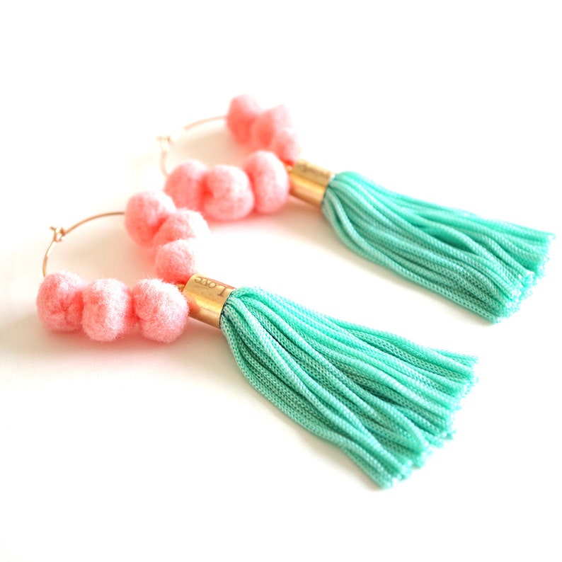 rose gold colorful tassel earrings festival jewelry Green tassel pom pom hoop earrings for her birthday gift boho tassel jewelry NINA