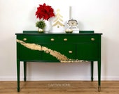 SOLD- Emerald Green Gilded Golden Wave Buffet- Painted- Metallic- Dining Room Furniture- Sideboard- Server- Buffet- Fancy- Refinished