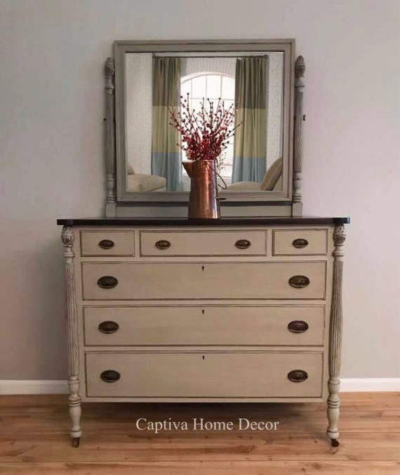 Sold Refinished Dresser Neutral Grey Distressed Stained Etsy