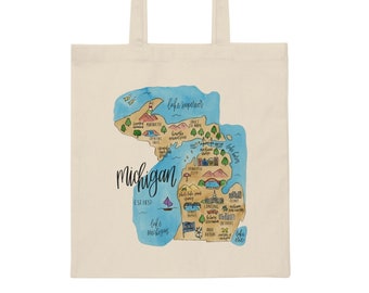 Watercolor Michigan Map Tote Bag+ FREE SHIPPING- Michigan Illustrated Map, Michigan Tote Bag, Michigan Artwork, Michigan Bag, Michigan Gift