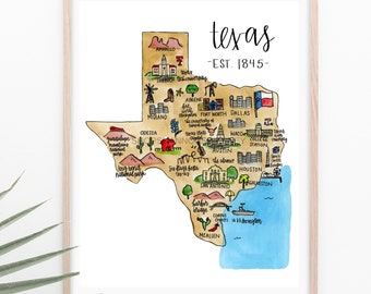 Texas State Illustrated Map Digital Print+ FREE SHIPPING - Watercolor Texas Map, Texas Illustration, Texas Print, Texas Art, Texas Gift