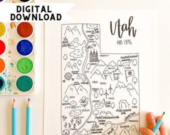 Delstaten Utah målarbild DIGITAL NEDLADDNING - Digital målarbild, Utah karta målarbild, Utah tryck, Utah karta, akvarell karta över Utah