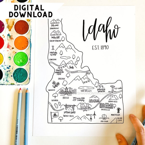 State of Idaho Coloring Page DIGITAL DOWNLOAD- Idaho Illustrated Map, Idaho Coloring Page Download, Idaho Map Coloring Page, Digital Colorin