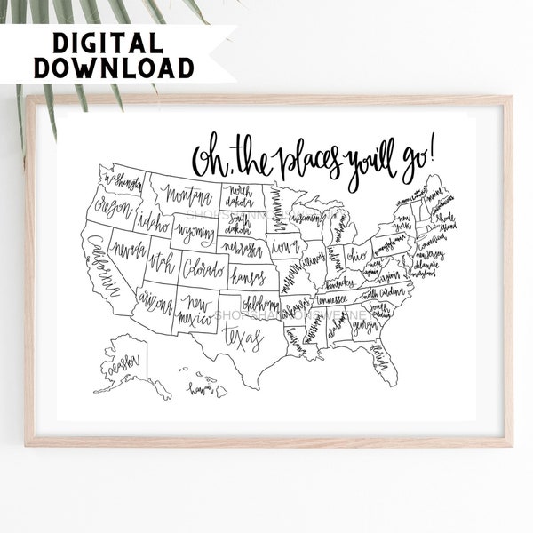 USA Color In Map Digital Download, United States Map, Color In Map, Travel Map, Travel Print, Shipping Tracker, Sales Map