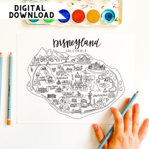Disneyland Karte Malseite DIGITAL DOWNLOAD- Disneyland Print, Disneyland Kunst, Disneyland Aufkleber, Disneyland Aquarell