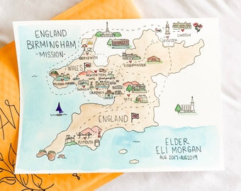 Custom Areas LDS Mission Map + Free Ship- Sister missionary, elder, missionary gift, lds mission, missionary farewell, Missionary Watercolor