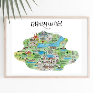 Disney World Watercolor Illustrated Map Print + FREE SHIPPING, Disneyworld, Disneyworld Map, Disney Map, Disneyland, Disney Fan, Disney Art