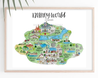 Disney World Watercolor Illustrated Map Print + FREE SHIPPING, Disneyworld, Disneyworld Map, Disney Map, Disneyland, Disney Fan, Disney Art