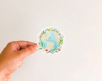 Watercolor Floral Earth Sticker- Waterbottle Sticker, Laptop Sticker, Vinyl Sticker, Earth Sticker, Nature Sticker, Outdoors Sticker,Sticker