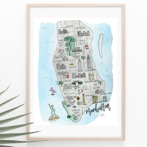 Manhattan New York geïllustreerde kaart + GRATIS VERZENDING, kaart, reiskaart, New York kaart, NYC, aquarel kaart, New York geïllustreerde kaart, Big Apple