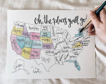 USA Color In Map Digital Print+FREE SHIPPING, United States Map, Color Map, State Marker, Travel Marker, Places You'll Go, Printed Us map