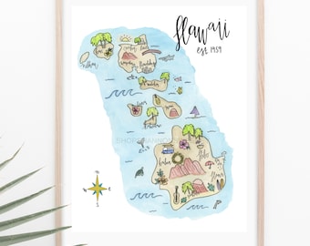 Puede incluir: Una ilustración de acuarela de la isla de Hawái con varios puntos de referencia y detalles, incluido el texto "Hawaii est. 1959".