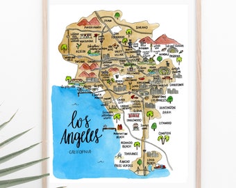 Los Angeles California Illustrated Watercolor Map Print+ FREE SHIPPING- LA Map, Hollywood Map, Hollywood Illustration, Los Angeles Art