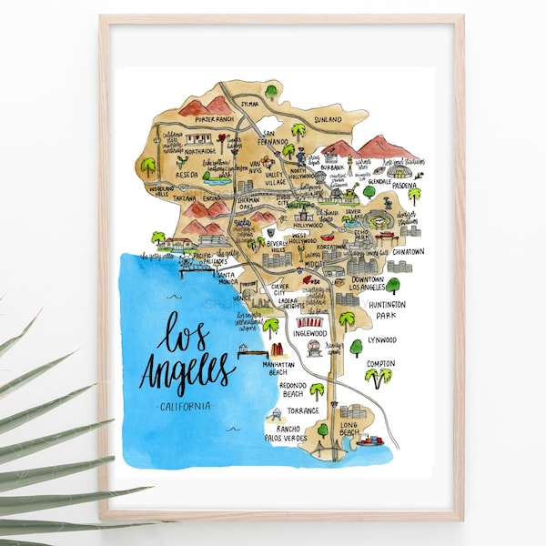 Los Angeles California Illustrated Watercolor Map Print+ FREE SHIPPING- LA Map, Hollywood Map, Hollywood Illustration, Los Angeles Art