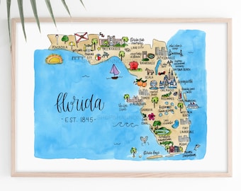 Florida Watercolor Illustrated Map Print +Free Shipping- Florida Watercolor Map, Florida Map, Florida Illustration