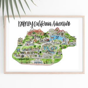 Disney California Adventure Illustrated Watercolor Map+ FREE SHIPPING, Disneyland Map, Disney World, California Adventure Map