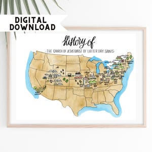 Peut inclure: Une illustration aquarelle d'une carte des États-Unis avec des illustrations dessinées à la main de sites historiques liés à l'histoire de l'Église de Jésus-Christ des Saints des Derniers Jours. Le titre "History of - The Church of Jesus Christ of Latter-day Saints" est écrit en cursive noire.