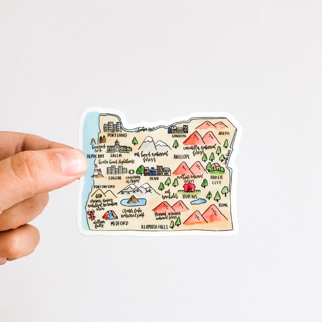 Oregon State Map Sticker Oregon State Illustrated Map Sticker- Laptop Sticker, Watercolor ...