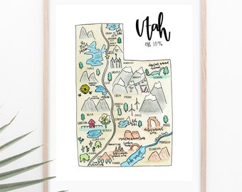 Watercolor Map of Utah Digital Print+ FREE SHIPPING Utah Map, Utah, Watercolor State Map, Watercolor Utah, Utah Print, LDS, Utah Cities