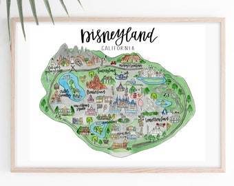 UPDATED Disneyland Illustrated Watercolor Map Print with Galaxy's Edge +FREE SHIPPING, Disneyland Map, Current Disneyland Map