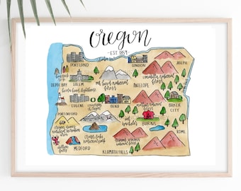 May include: A watercolor illustration of the state of Oregon, featuring major cities, landmarks, and national parks. The map is in a light brown color with red, blue, and green accents. The text "Oregon - EST. 1859" is written in black cursive at the top of the map.