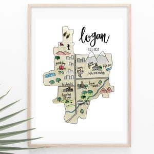 Mapa ilustrado de acuarela de Logan Utah + ENVÍO GRATIS - Logan, Estado de Utah, Valle de Cache, Norte de Utah