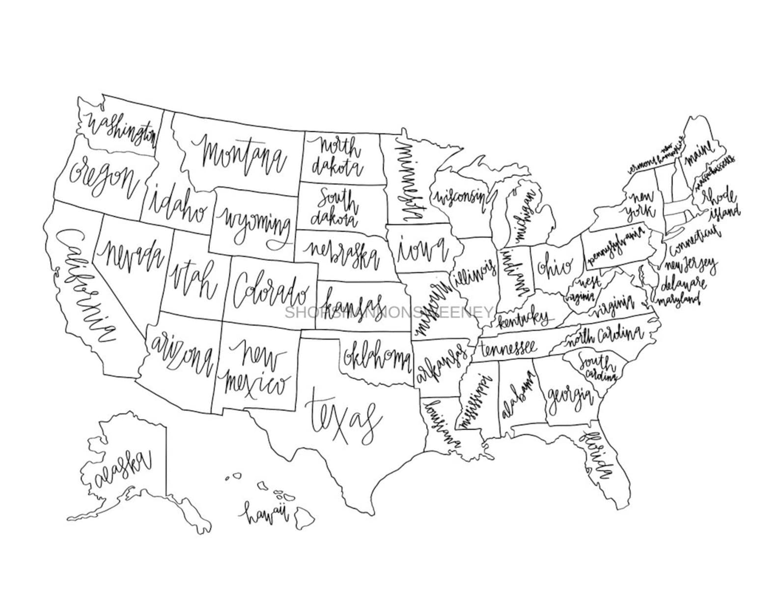 USA Color In Map Digital Download United States Map Color In Etsy