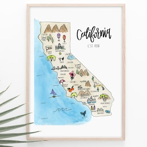 Mapa del Estado Ilustrado de California+ENVÍO GRATIS, Orgullo de California, Ilustración de California, Cali, Acuarela de California, Caliornia de acuarela