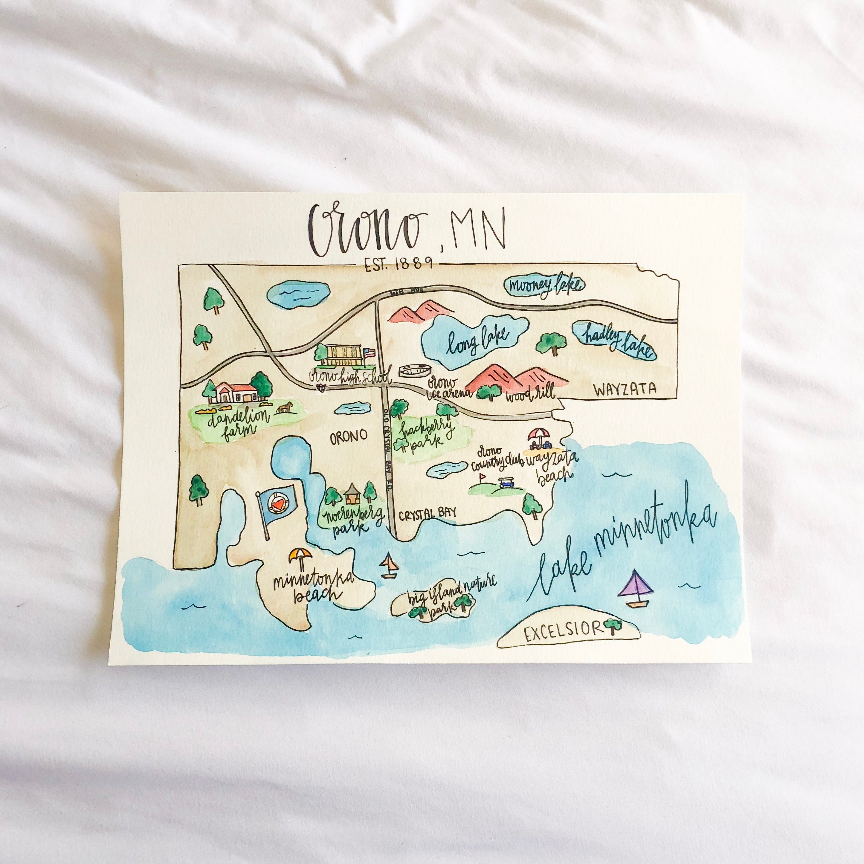 5x7 Custom Hand Painted Watercolor Illustrated Map With -  in