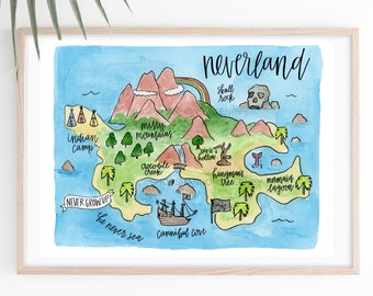 Peter Pan Neverland Illustrated Watercolor Map+ FREE SHIPPING, Disneyland, Disneyworld, Neverland, Peter Pan