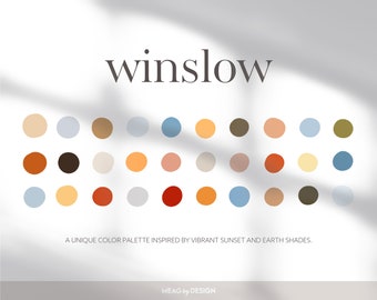 Winslow färgpalett; livfulla solnedgångar och jordnära nyanser Procreate färgpalett för varumärkesbyggande, design och digitalt konstverk
