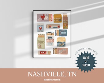Nashville Tennessee Matchbook Art Print, Vintage Style Illustration
