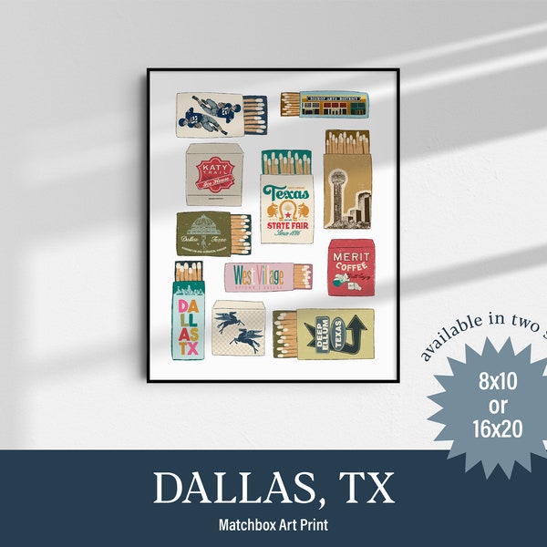 DALLAS, TEXAS Matchbook Style 8x10 or 16x20 High-Quality Art Print