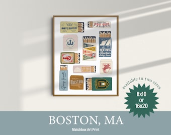 Boston Massachusetts Matchbook Art Print, Vintage Style Illustration