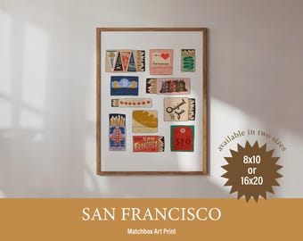 Lámina artística de San Francisco, California, estilo libro de cerillas, ilustración de estilo vintage